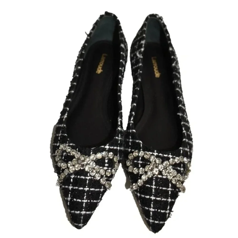 $330 LARROUDE lee ballet flats BOW CRYSTALS TWEED POINTY BLACK WHITE 7 US (TE10)